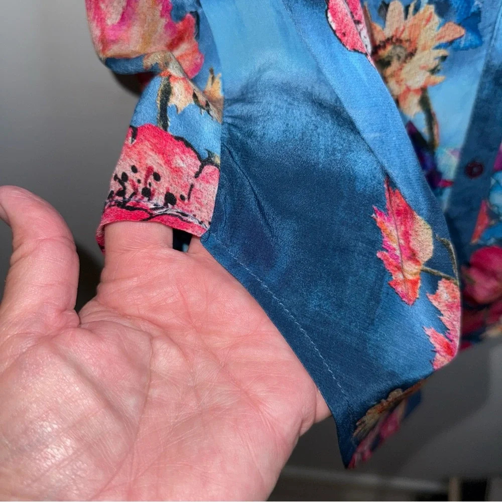 Tolani Blue Floral Silk Button Down Shirt with Mandarin Collar - Picture 5 of 9